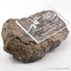 a rock with a glass plaque on it