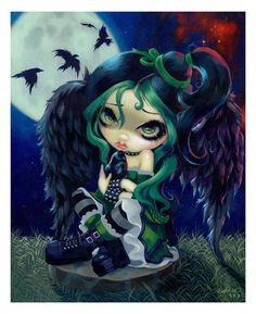 size: 27x22in Art Print: Perched and Sat and Nothing More by Jasmine Becket-Griffith : This art print displays sharp, vivid images with a high degree of color accuracy. A member of the versatile family of art prints, this high-quality reproduction represents the best of both worlds: quality and affordability. Art prints are created using a digital or offset lithography press. Warrior Angel, Yakuza Tattoo, Tattoo Face