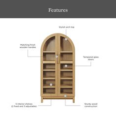 the features of a bookcase with its doors open and labels on each shelf below