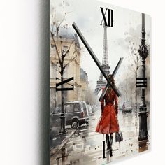 a painting of a woman walking in the rain with an umbrella and clock on her face