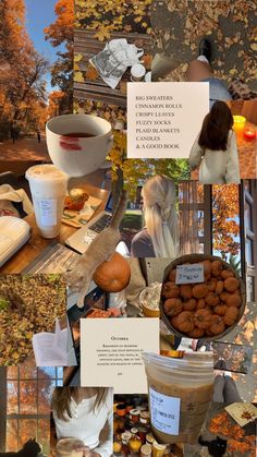 a collage of photos with food and words on it, including an image of a woman sitting at a table surrounded by autumn leaves