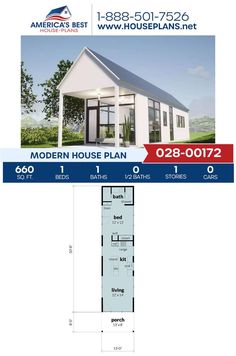 the modern house plan is shown in blue and white