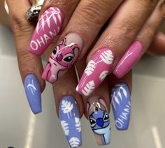 Stitch Nail Ideas, Stitch Nail Designs, Stitch Nails, Disney Acrylic Nails, Kutek Disney, Angel Nails, Nails Yellow, Nail Art Disney, Lilo Et Stitch