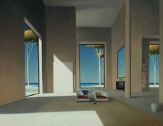 a painting of a living room with two chairs and large windows looking out onto the ocean