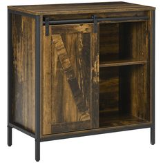 an old wooden cabinet with metal legs and shelves on the bottom, is shown against a white background