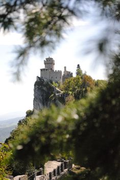 a castle on top of a hill with trees