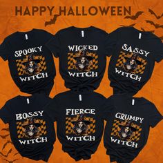 six halloween shirts with the words happy halloween written on them and an image of a witch's head