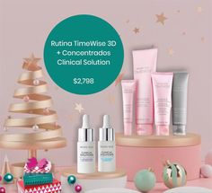 a christmas tree and some skin care products on a pink background with the words, ruth timewise 3d + concentradds clinic & medical solution $ 29 / 799 98