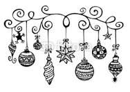 a drawing of ornaments hanging from a wire with stars and swirls on it's sides