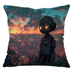 a pillow that has a robot on it with the sun setting in the sky behind it