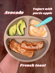 a person holding a plate with food on it that includes avocado, bread and yogurt