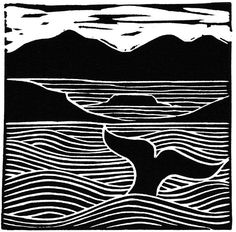 a black and white drawing of a whale tail in the water with mountains in the background