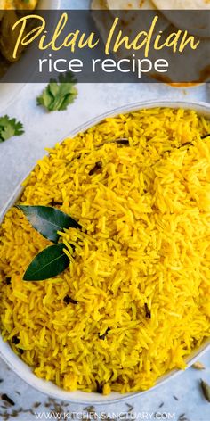 a bowl filled with rice and garnished with green leaves on the side, next to other dishes