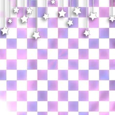 purple and white checkered wallpaper with stars hanging from the ceiling in front of it