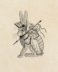 an ink drawing of a rabbit holding a bow and arrow with another bunny in the background