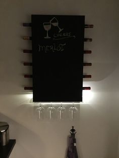 there is a wine glass rack on the wall