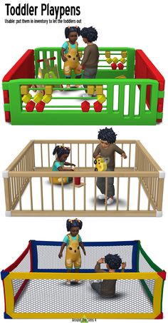 three children playpens with different types of toys in them and the text toddlers playpens