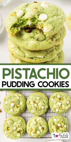 pistachio pudding cookies on a cooling rack with text overlay