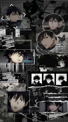 some black and white anime characters with different expressions on their faces, in the middle of a collage