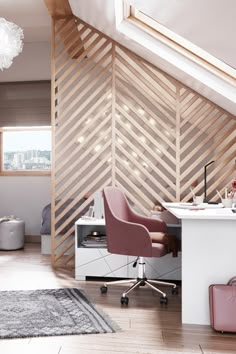 an office area with a desk, chair and book shelf in the corner under a slanted wooden slatted wall