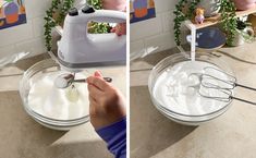 two pictures showing how to make whipped cream in a blender and then using a hand mixer