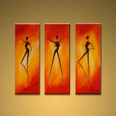 three abstract paintings depicting two woman dancing on orange and yellow background, each with an individual's silhouette