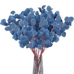 a vase filled with blue flowers on top of a table