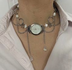 Y2k Jewelry Diy, Gothic Faerie, Fairy Grunge Necklace, Harajuku Jewelry, Cyberpunk Jewelry, Watch Choker, Recycled Watch, Grunge Egirl, Harajuku Grunge