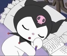 a cartoon character laying on top of a bed with an open book in front of her