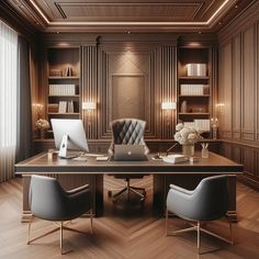 an office with wooden paneling and leather chairs in front of a desk that has a laptop on it