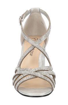 Sparkling straps interweave on this metallic sandal that'll be a highlight of your special occasion looks. Synthetic upper, lining and sole Imported Silver Strappy Sandals With 4-inch Heel, Synthetic Open Toe Heels For Gala, Open Toe Synthetic Heels For Gala, Gala Open Toe Synthetic Heels, Silver Sandals With 4-inch Heel For Prom, Silver Open Heel Synthetic Sandals, Silver Synthetic Heels With Heel Strap, Silver Heels With Heel Strap In Synthetic, Silver Synthetic Sandals With Heel Strap