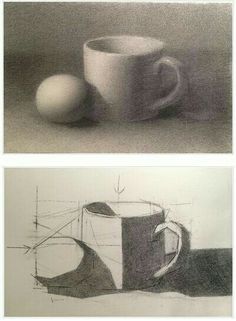 two drawings of coffee mugs and an egg