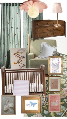 a baby's room with pictures and paintings on the wall, including a crib