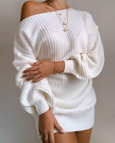 White Pullover Sweater Dress Relaxed Fit Lantern Sleeve Knit Mini Dress #sponsored Woolen Dresses, Womens Knit Dresses, Knitted Tops, Off Shoulder Sweater, Knit Mini Dress, Knit Sweater Dress, Lantern Sleeve, Mini Dress With Sleeves, White Mini Dress