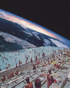 an image of people swimming in the ocean from space, with earth in the background