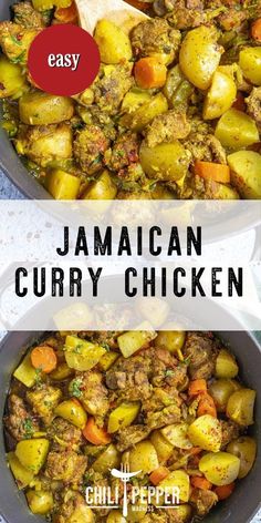 jamaican curry chicken in a skillet with text overlay