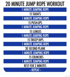 the 20 minute jump rope workout for beginners is shown in blue and white stripes