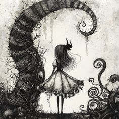 a black and white drawing of a girl standing in front of an archway with horns on her head