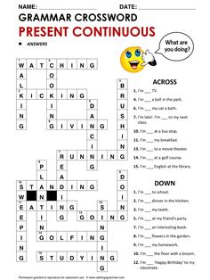 a crossword puzzle with the words present continuous in english and spanish, which includes an emoticive expression