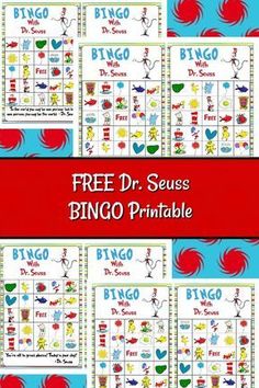 the free dr seuss printable game is shown in red and blue, with images of