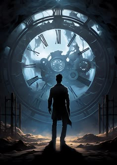 a man standing in front of a giant clock