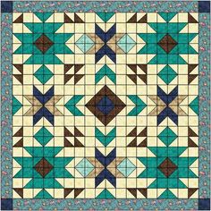 a blue and brown quilt with an intricate design on the front, in shades of teal