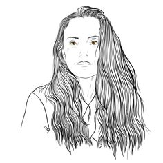 a black and white drawing of a woman with long hair