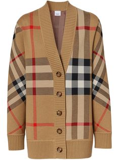 archive beige merino wool-blend full jacquard V-neck Vintage Check pattern drop shoulder long sleeves ribbed edge Balloon Sleeve Cardigan, Jacquard Cardigan, Thomas Burberry, Burberry Sweater, British Weather, Embellished Cardigan, Mens Cardigan Sweater, Burberry Vintage, Cardigan Beige