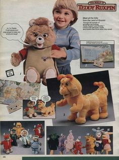 an advertisement for teddy bears from the 1950's, featuring two children with stuffed animals