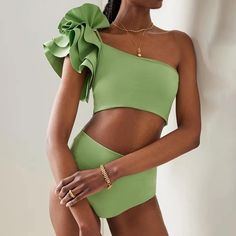 Baithing Suits, Honeymoon Wear, Green Solid Color, Elegant Pant, Plus Size Tankini, Womens Tankini, Green Swimsuit, One Shoulder Tops, Flower Fashion