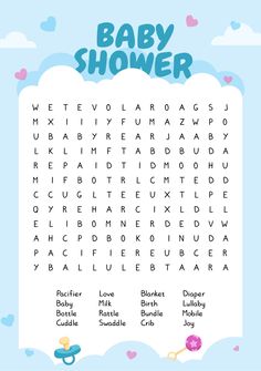 the baby shower word search is shown