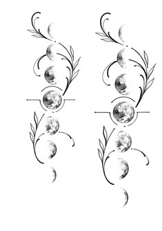 three phases of the moon in black ink on white paper, with vines and leaves