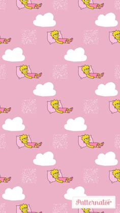 a pink wallpaper with cartoon animals flying in the sky and clouds on it's sides