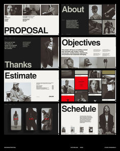 several black and white images with red accents in the middle one is an article about proposal